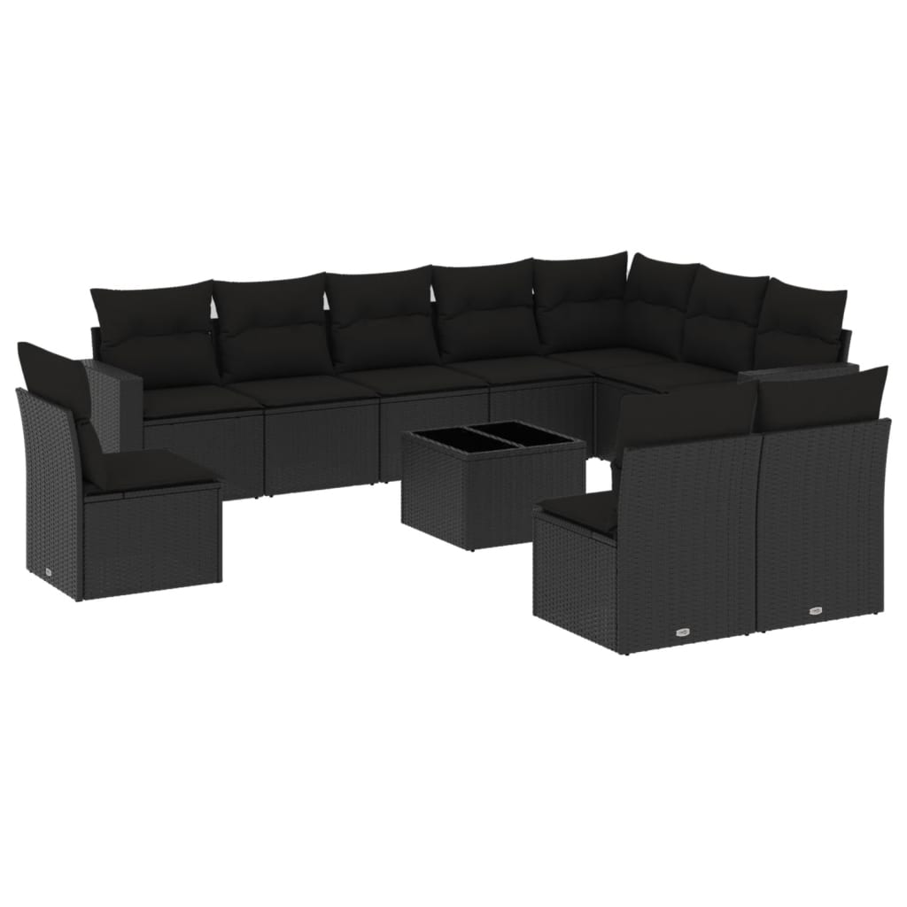 10-tlg. Garten-Sofagarnitur mit Kissen Schwarz Poly Rattan