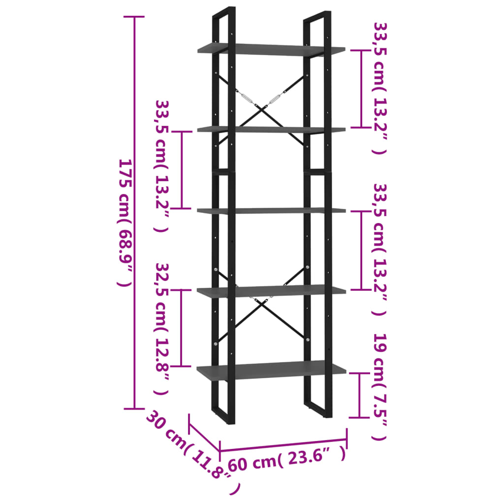 Bücherregal 5 Fächer Weiß 40x30x175 cm Holzwerkstoff