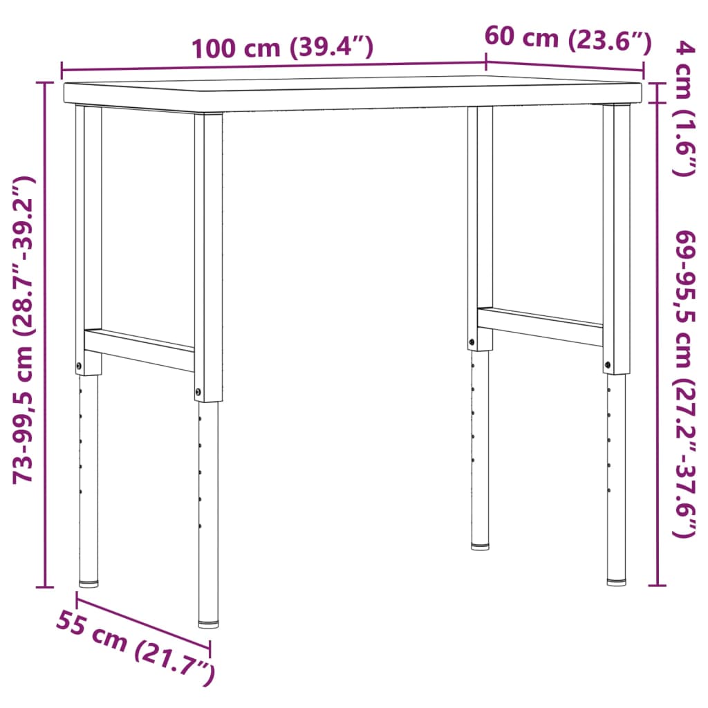 Werkbank 80x60x(73-99,5) cm Massivholz Akazie Rechteckig
