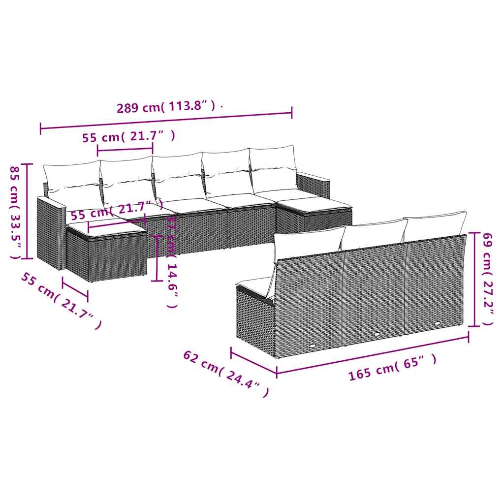 10-teiliges Gartensofa-Set mit Kissen, schwarzes Polyrattan