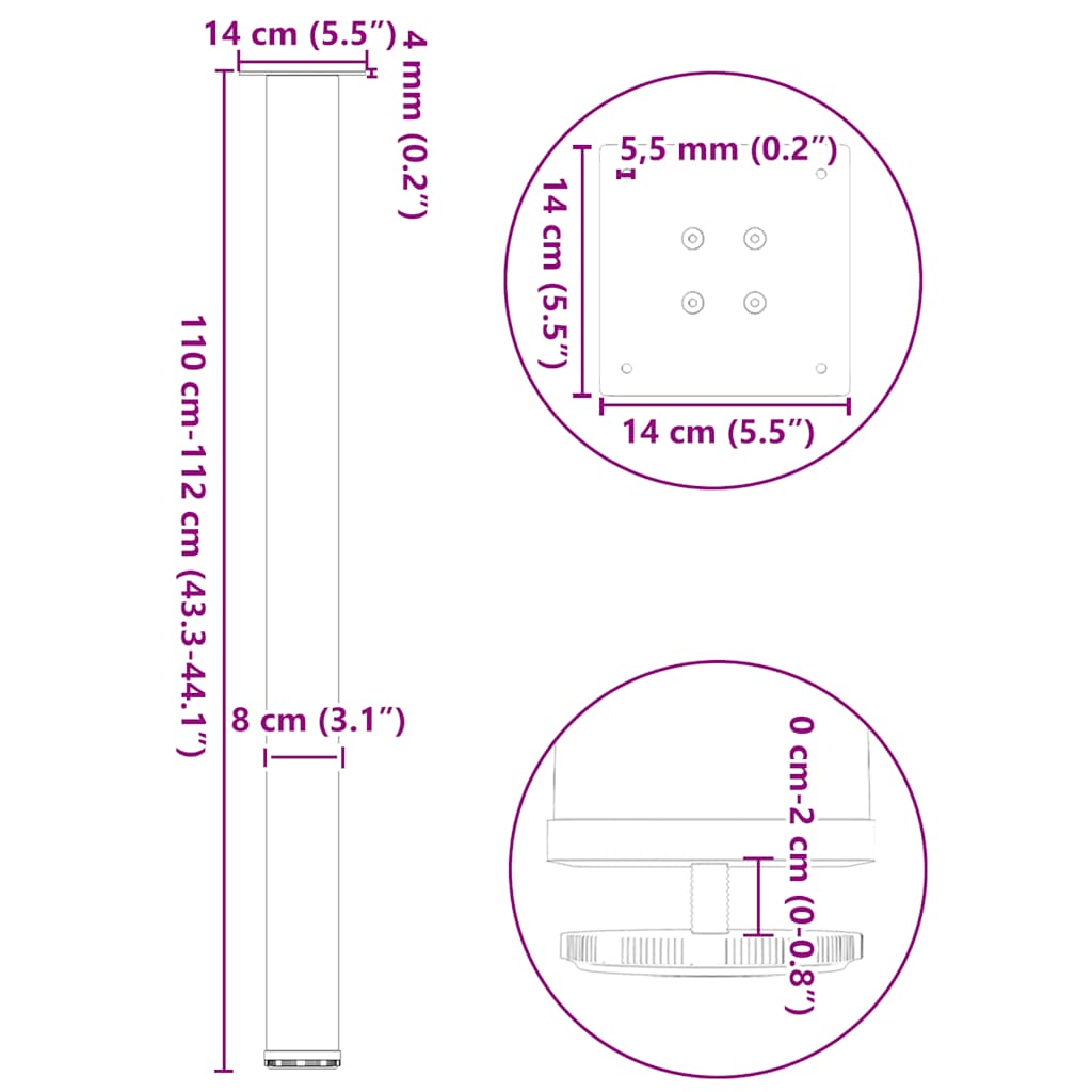 Bartischbeine 4 Stk. Schwarz 100-102 cm Stahl
