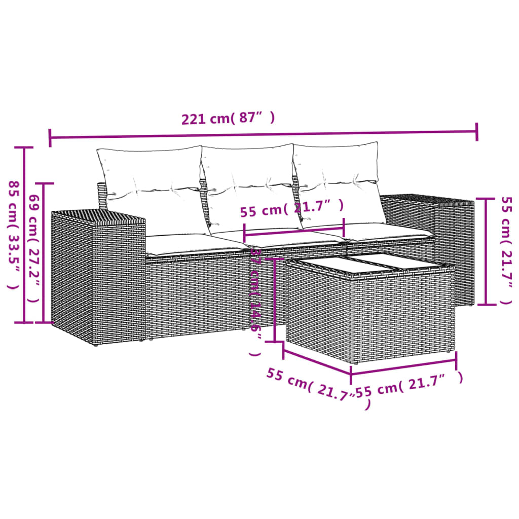3-teiliges Gartensofa-Set mit Kissen, schwarzes Polyrattan