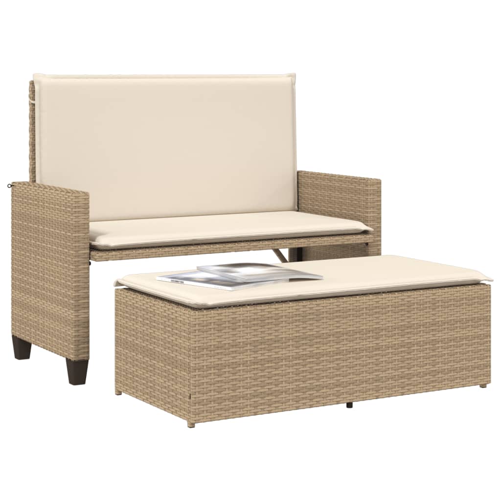 Gartenbank mit Kissen und Hocker Schwarz Poly Rattan