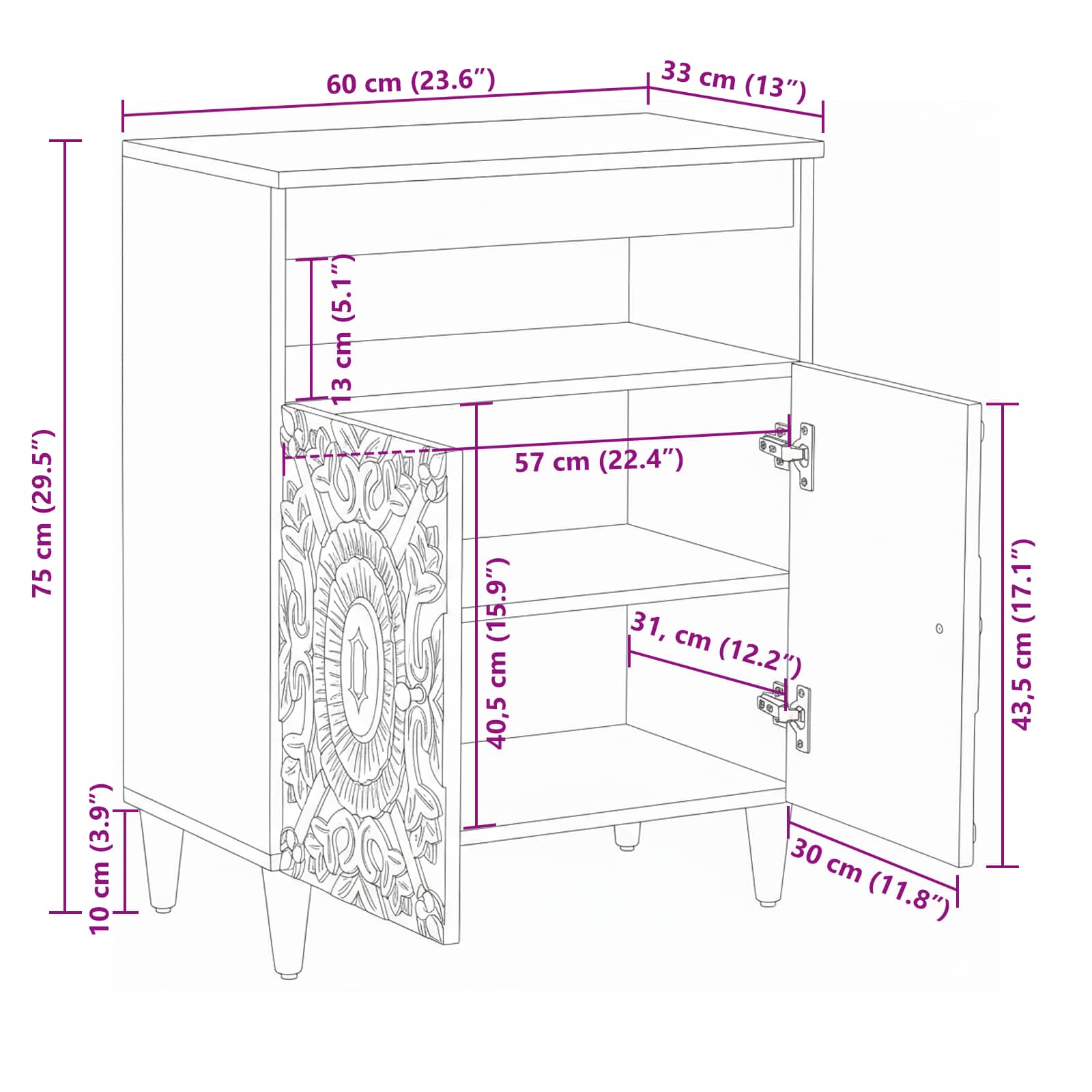 Sideboard mit Speicher Braun 60 x 33,5 x 75 cm Massivholz Mango