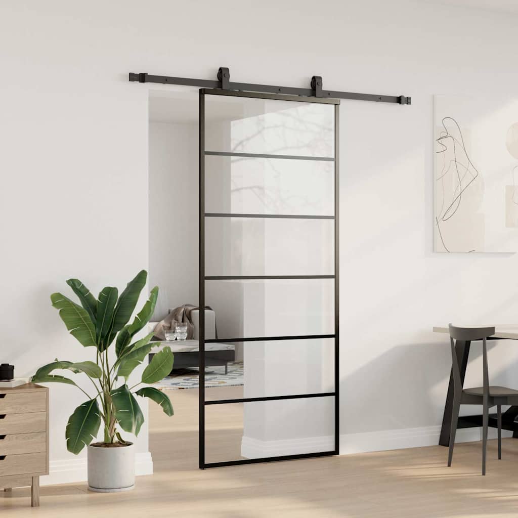 Schiebetür mit Beschlag Schwarz 76x205 cm ESG-Glas
