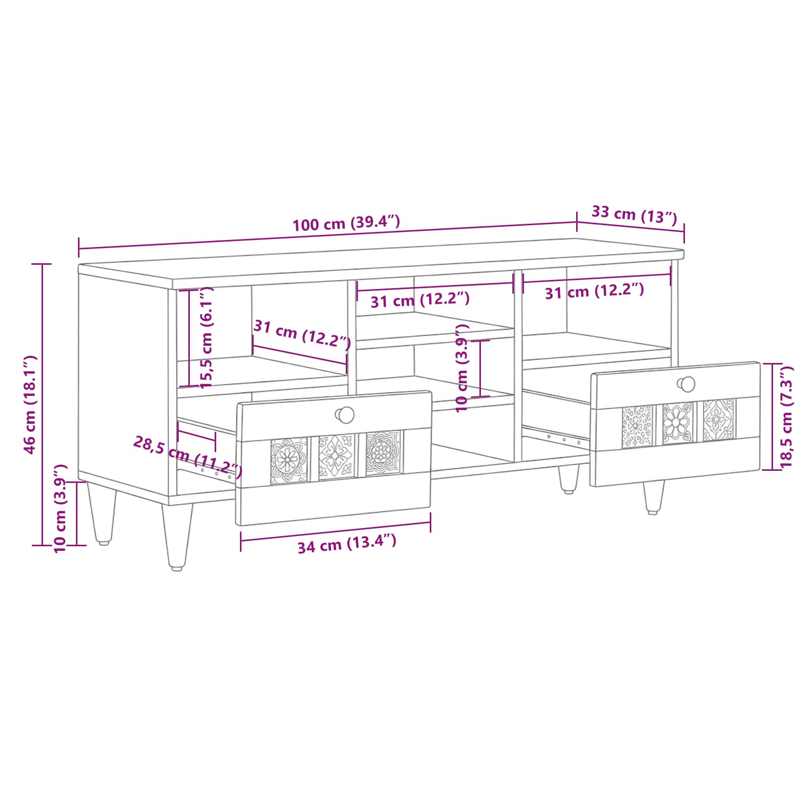 TV-Schränk mit Regal Walnuss 100 x 33 x 46 cm Massivholz Mango