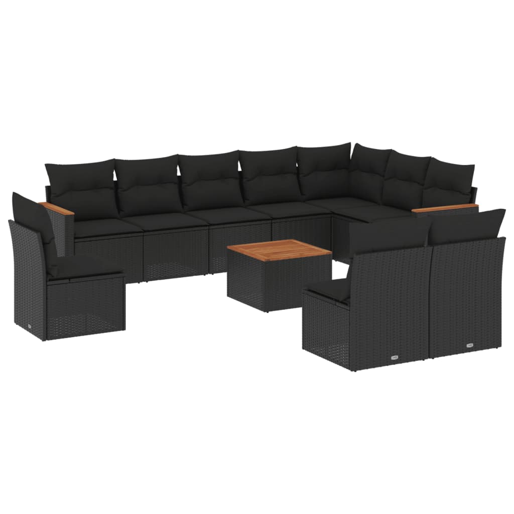 10-tlg. Garten-Sofagarnitur mit Kissen Schwarz Poly Rattan
