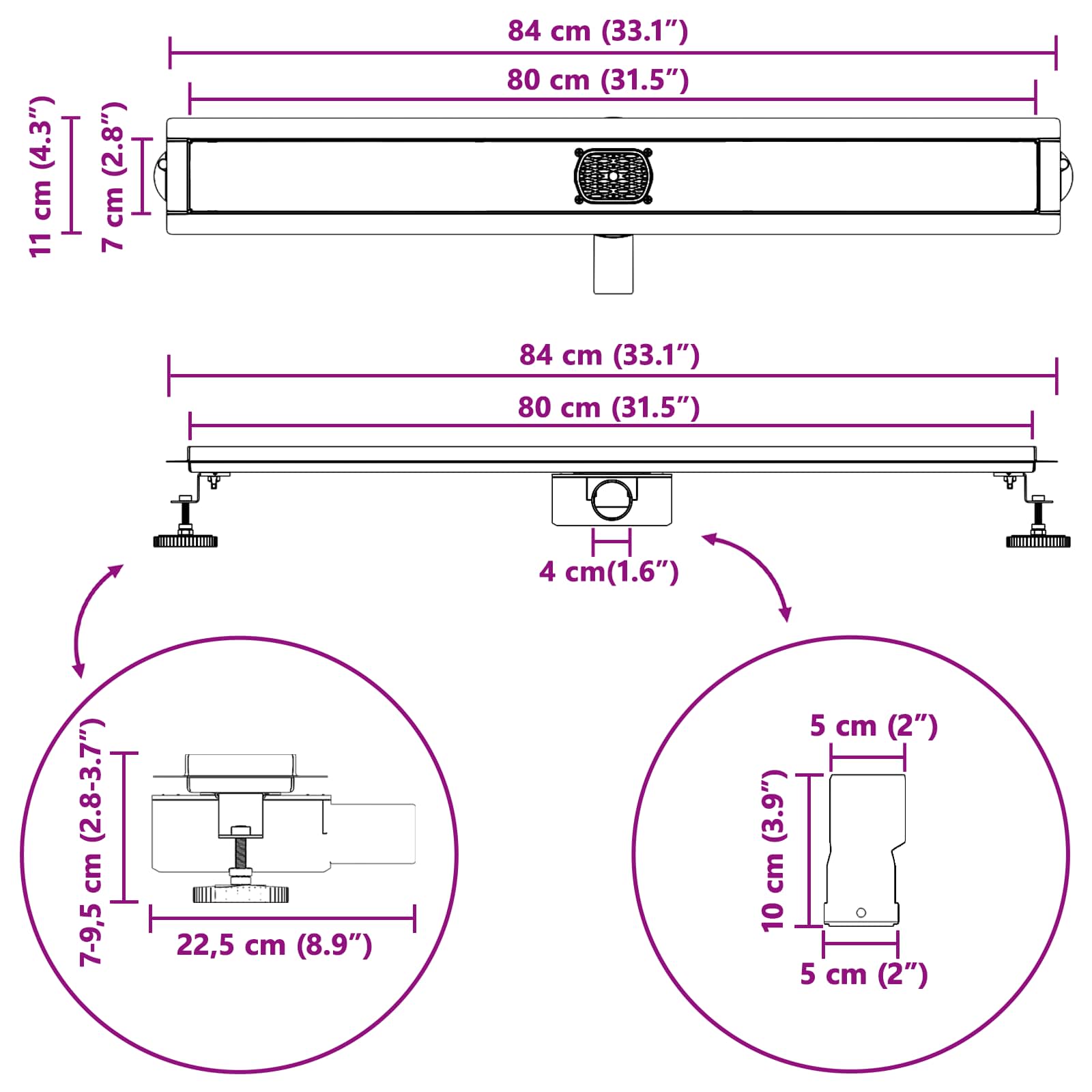 Duschabfluss mit Glashülle und 360° Siphon Schwarz 50 cm