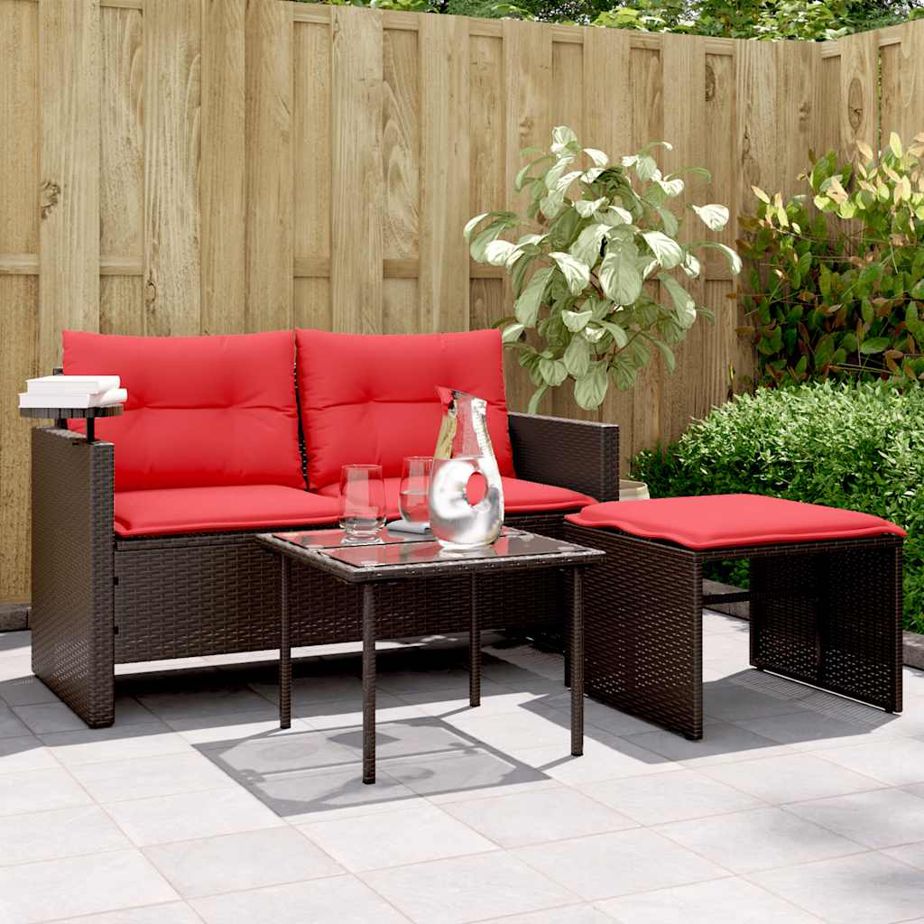 3-teiliges Gartensofa-Set mit Kissen, grau, Polyrattan