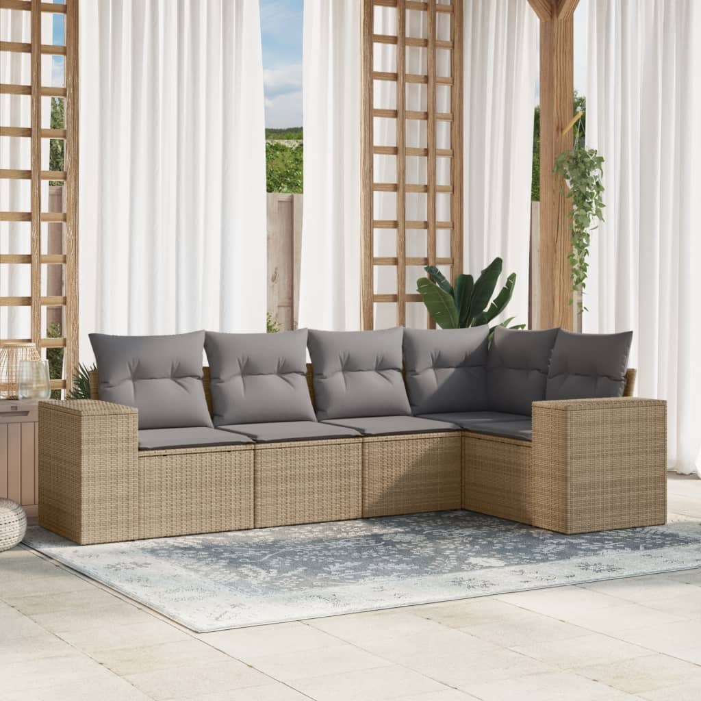 5-tlg. Garten-Sofagarnitur mit Kissen Schwarz Poly Rattan
