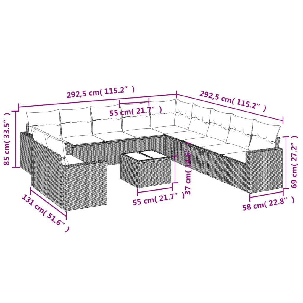 11-tlg. Garten-Sofagarnitur mit Kissen Schwarz Poly Rattan