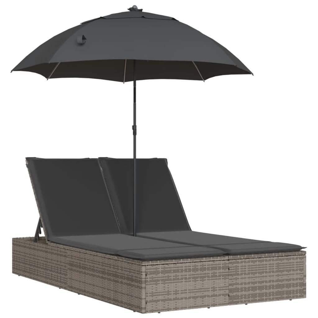 Doppel-Sonnenliege mit Kissen&Sonnenschirm Schwarz Poly Rattan