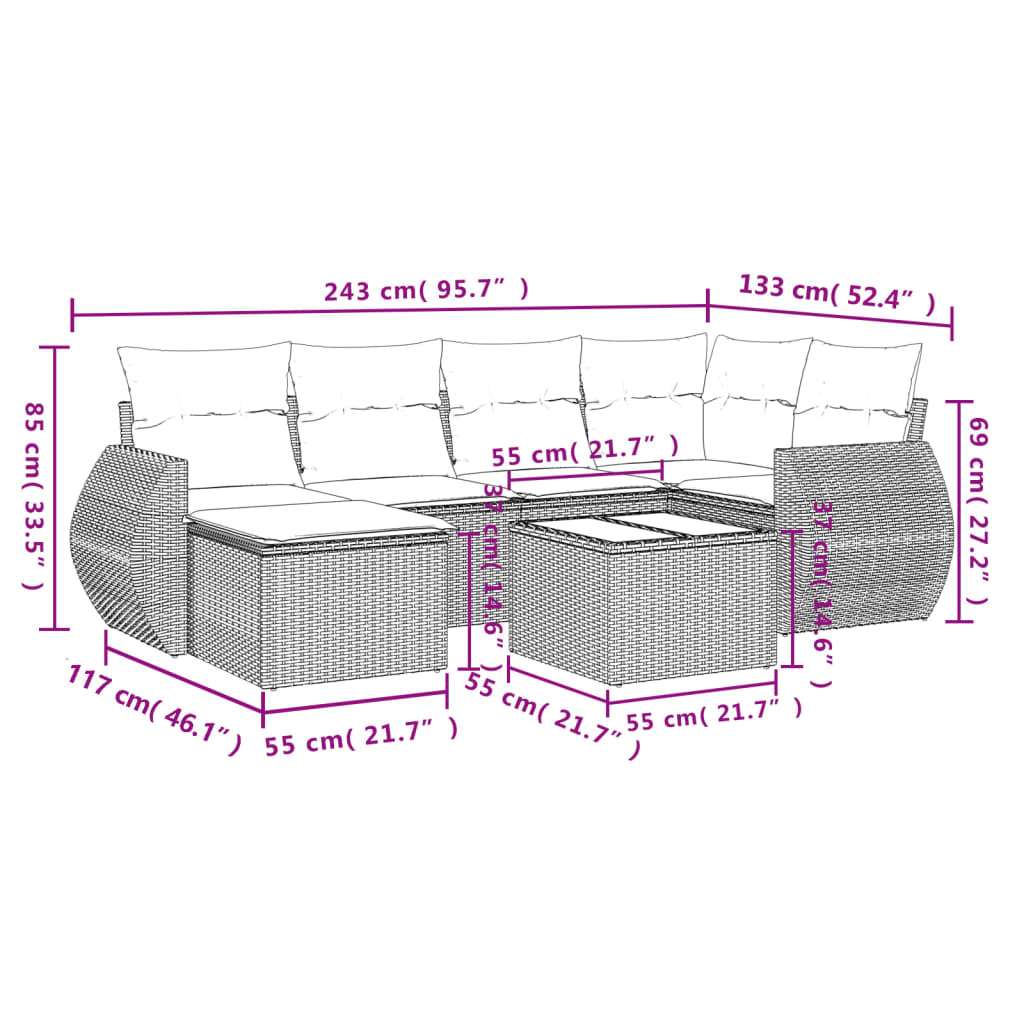 6-tlg. Garten-Sofagarnitur mit Kissen Schwarz Poly Rattan