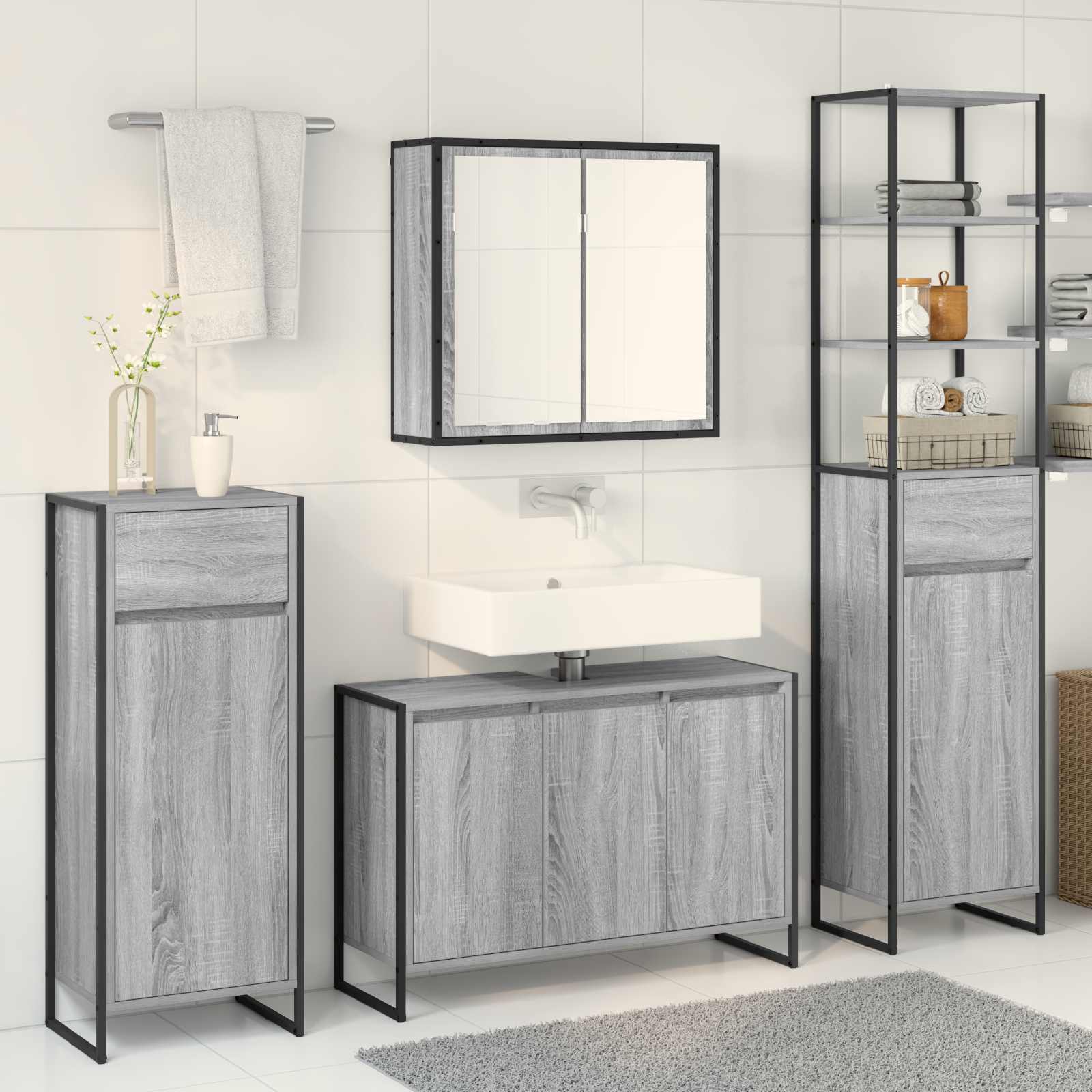 Badezimmermöbel-Set mit Tür Schwarz Eichen-Optik Holzwerkstoff
