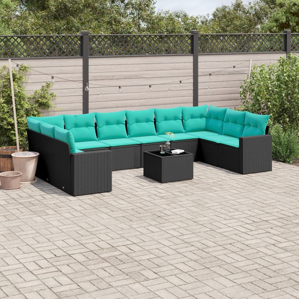 10-tlg. Garten-Sofagarnitur mit Kissen Schwarz Poly Rattan