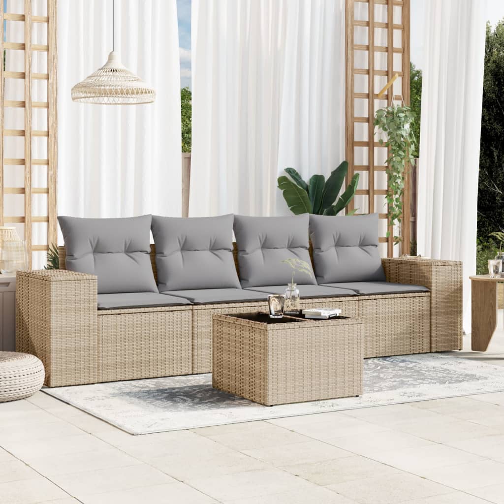 5-tlg. Garten-Sofagarnitur mit Kissen Schwarz Poly Rattan