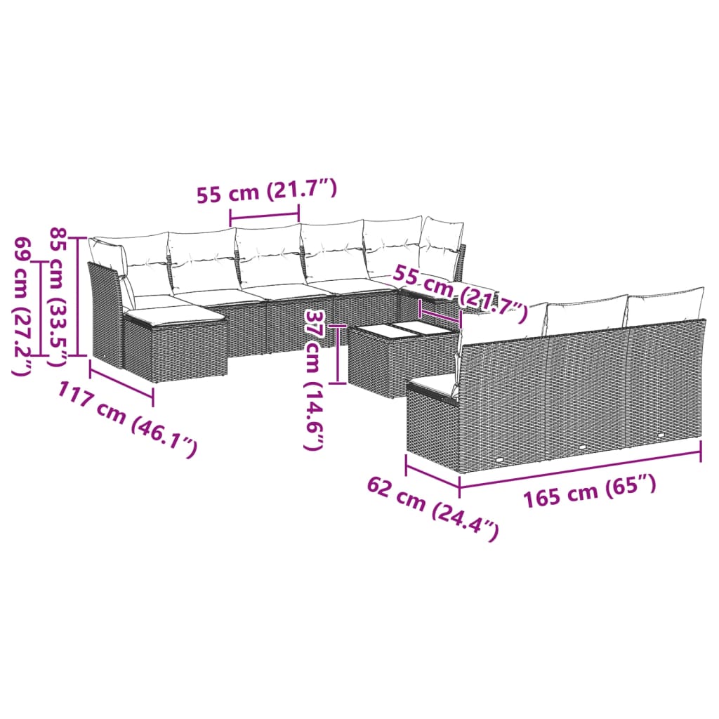 10-tlg. Garten-Sofagarnitur mit Kissen Schwarz Poly Rattan