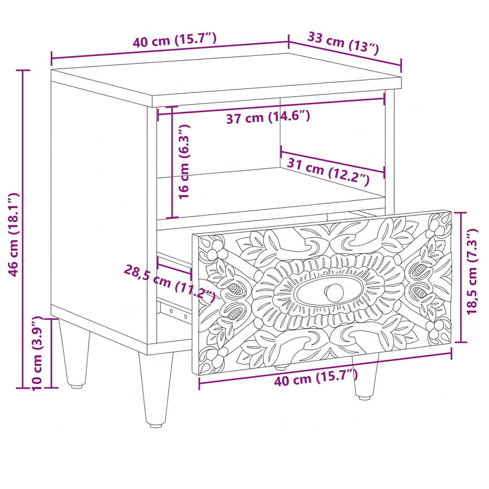 Bettkasten Braun 40 x 33 x 46 cm Massivholz Mango