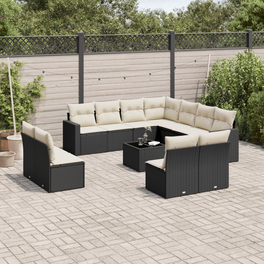11-tlg. Garten-Sofagarnitur mit Kissen Schwarz Poly Rattan