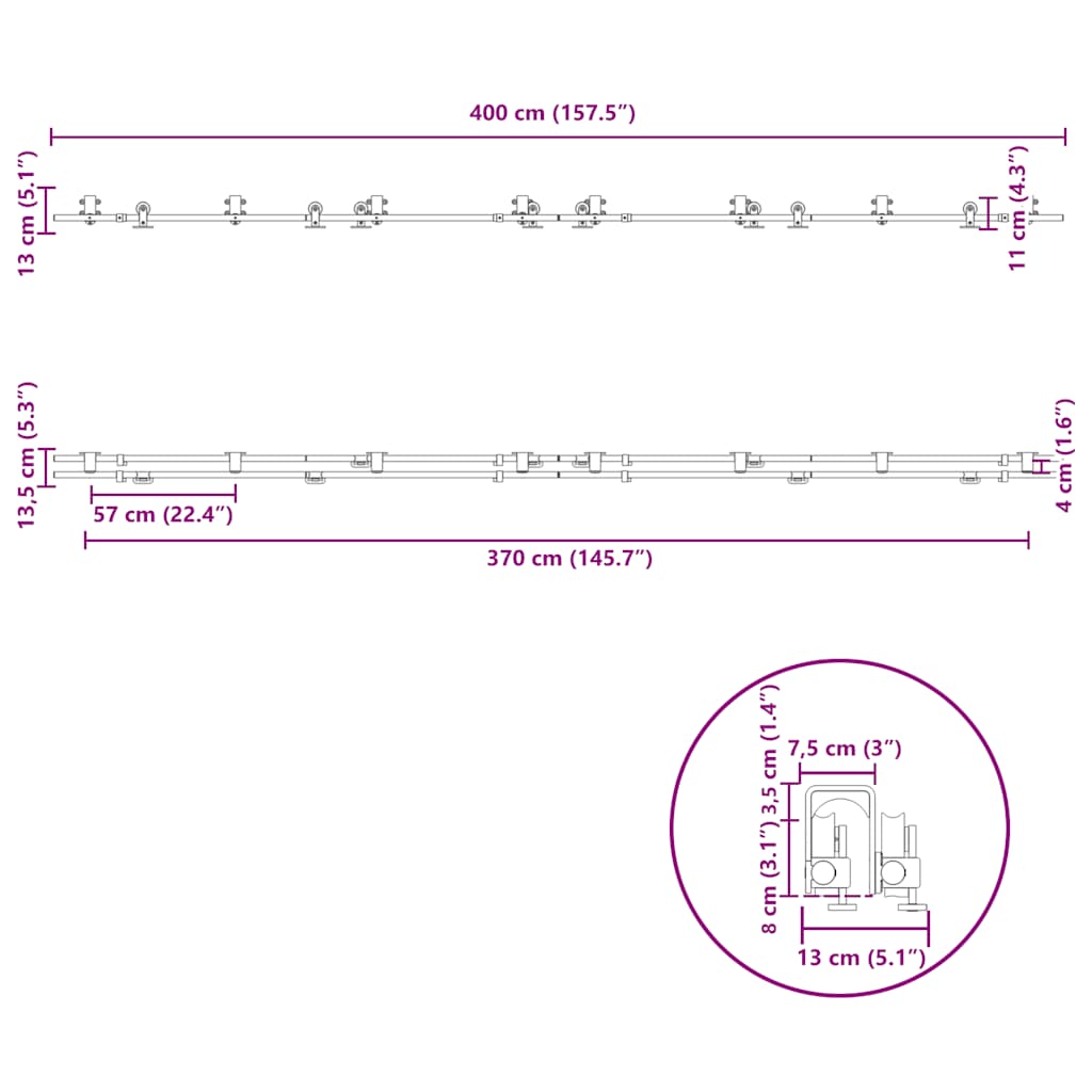 Schiebetür-Beschlagsatz 183 cm Edelstahl Silbern