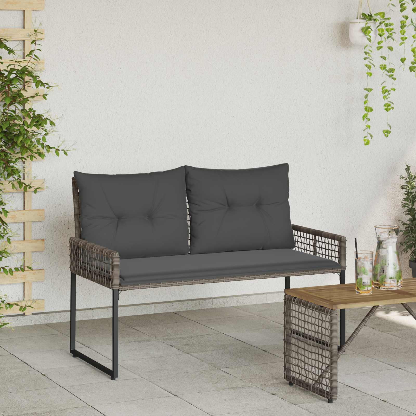 Bank Outdoor mit Kissen Schwarz und Cremeweiß 118 x 55 x 82 cm