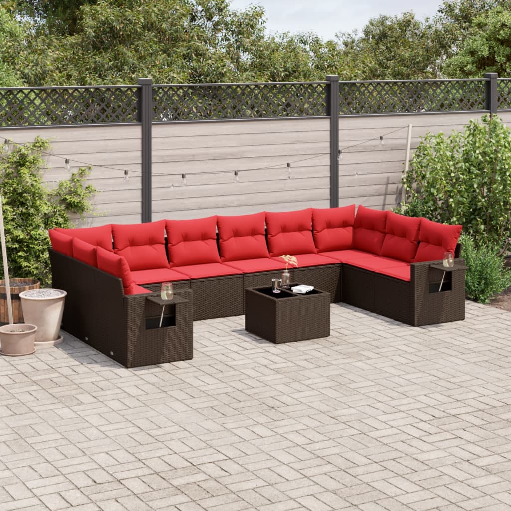 10-teiliges Gartensofa-Set mit Kissen, schwarzes Polyrattan