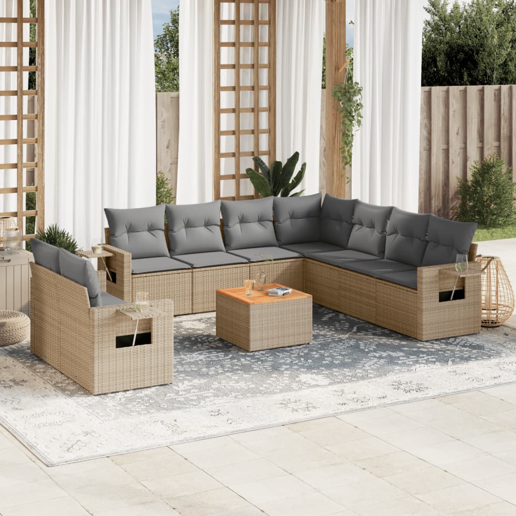 10-tlg. Garten-Sofagarnitur mit Kissen Schwarz Poly Rattan