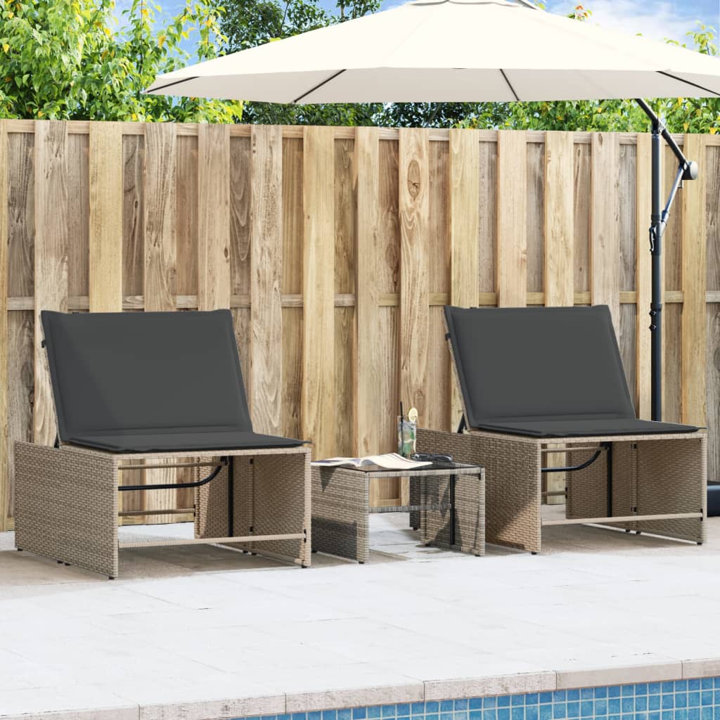 Modulare Sonnenliegen 2 Stk. mit Tisch Schwarz Poly Rattan