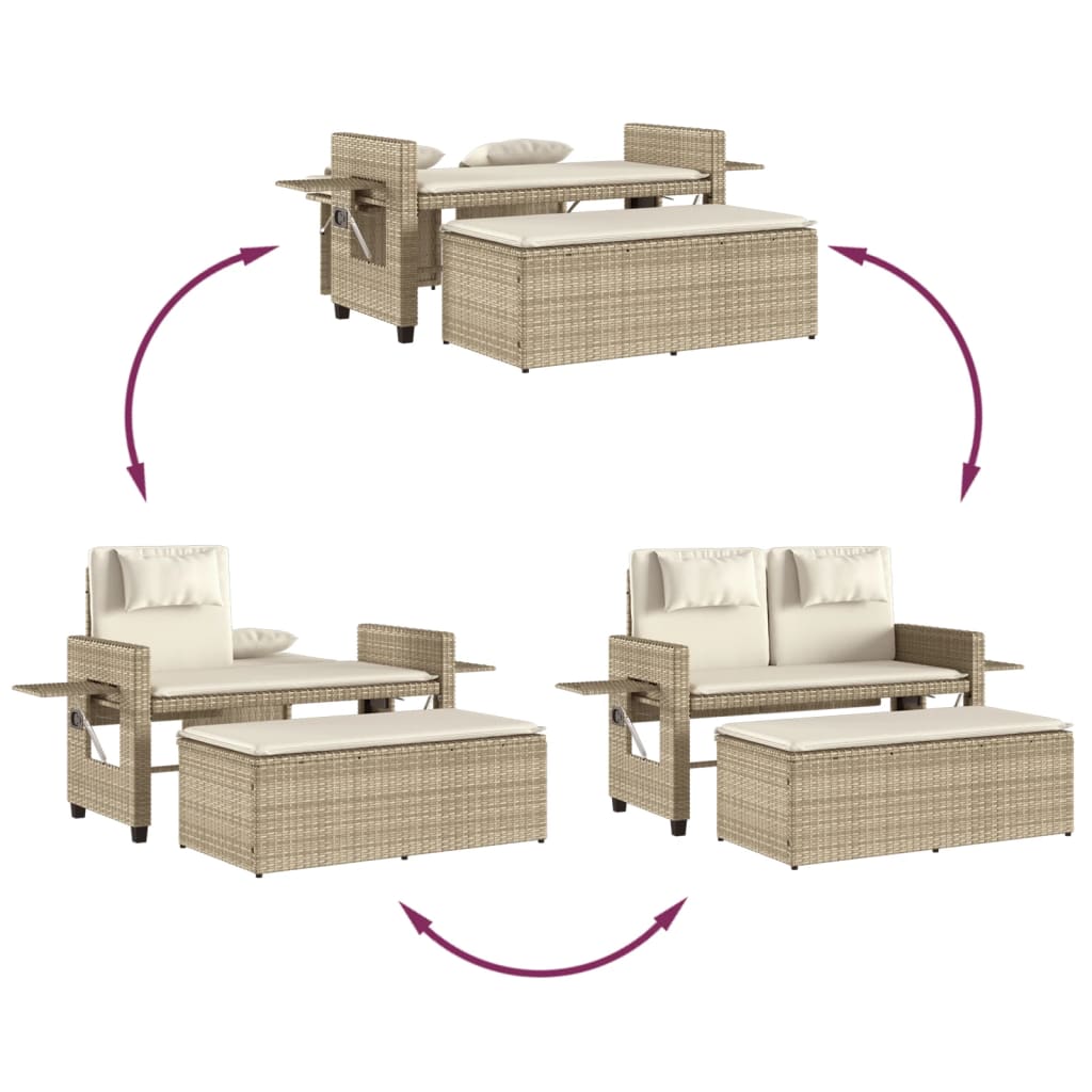 Gartenbank Verstellbar mit Kissen Schwarz Poly Rattan