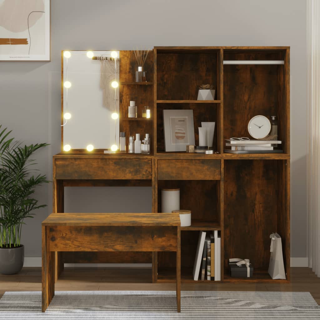 Schminktisch-Set mit LED Weiß Holzwerkstoff