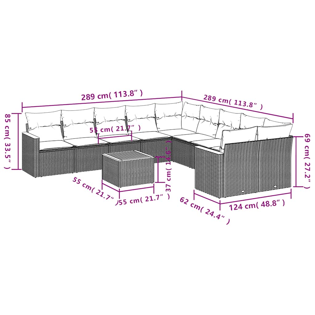 10-tlg. Garten-Sofagarnitur mit Kissen Schwarz Poly Rattan
