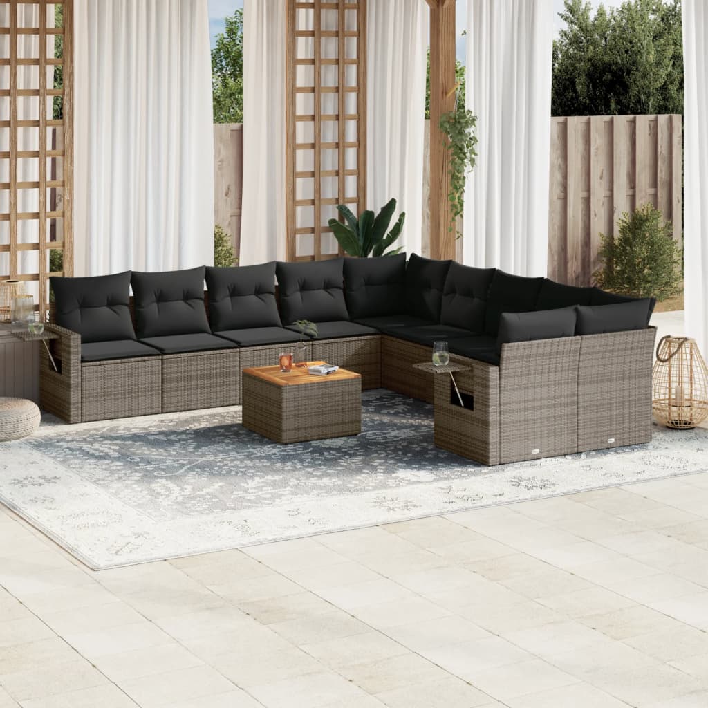11-tlg. Garten-Sofagarnitur mit Kissen Schwarz Poly Rattan