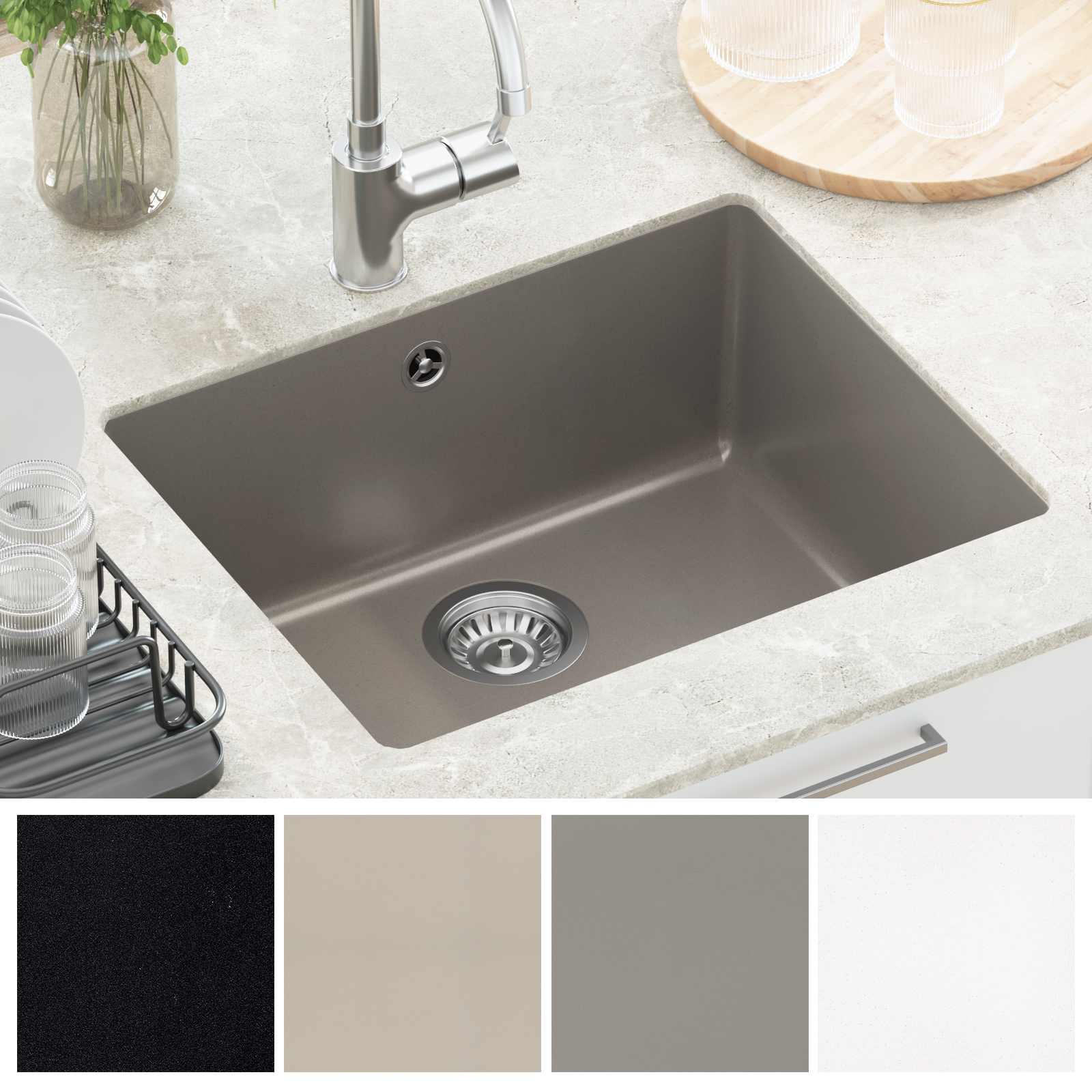 Waschbecken Schwarz 370 x 460 mm 80% Quarz und 20% Harz