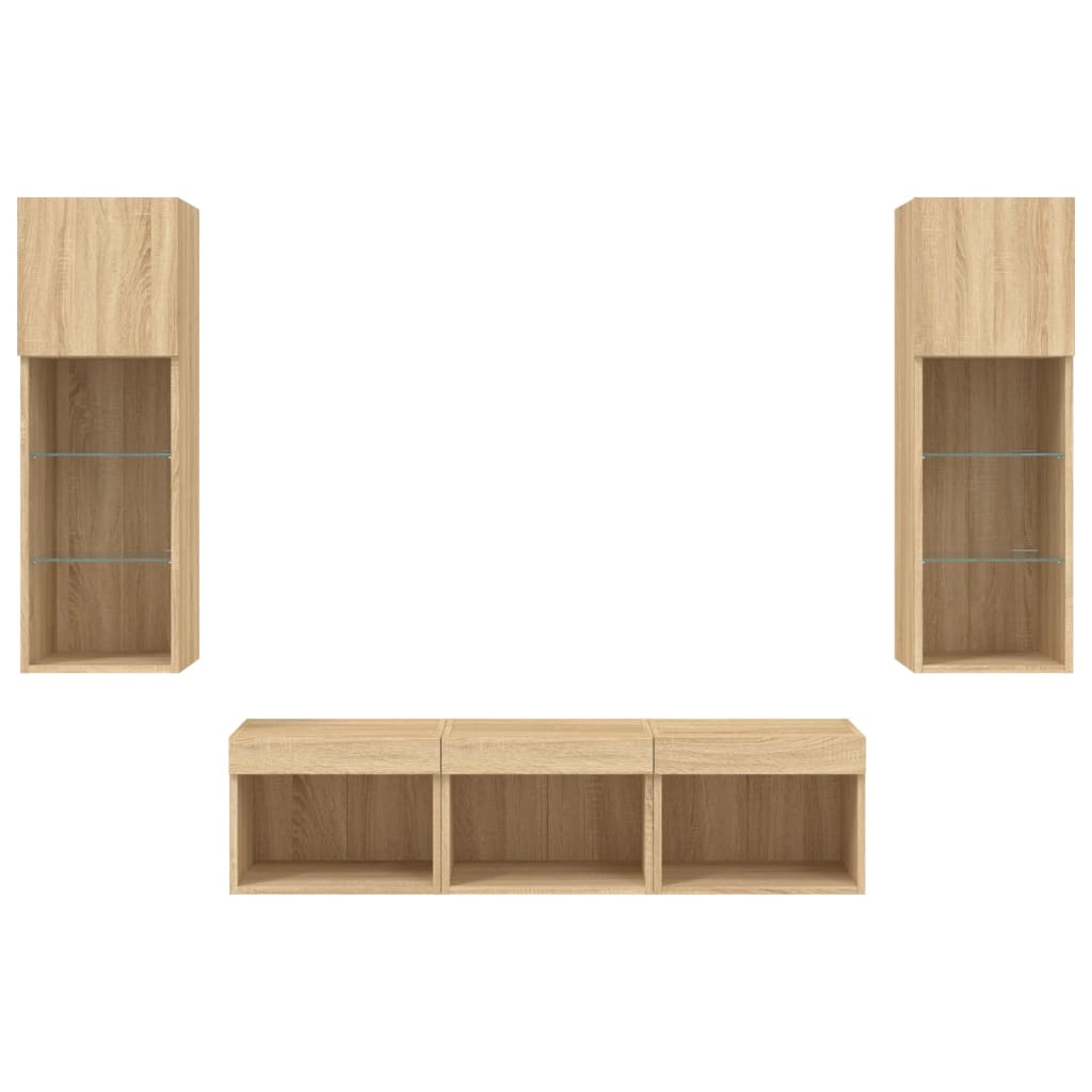 5-tlg. Wohnwand mit LED-Beleuchtung Weiß Holzwerkstoff