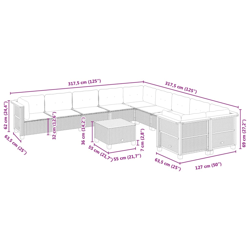 10-tlg. Garten-Sofagarnitur mit Kissen Beige Poly Rattan