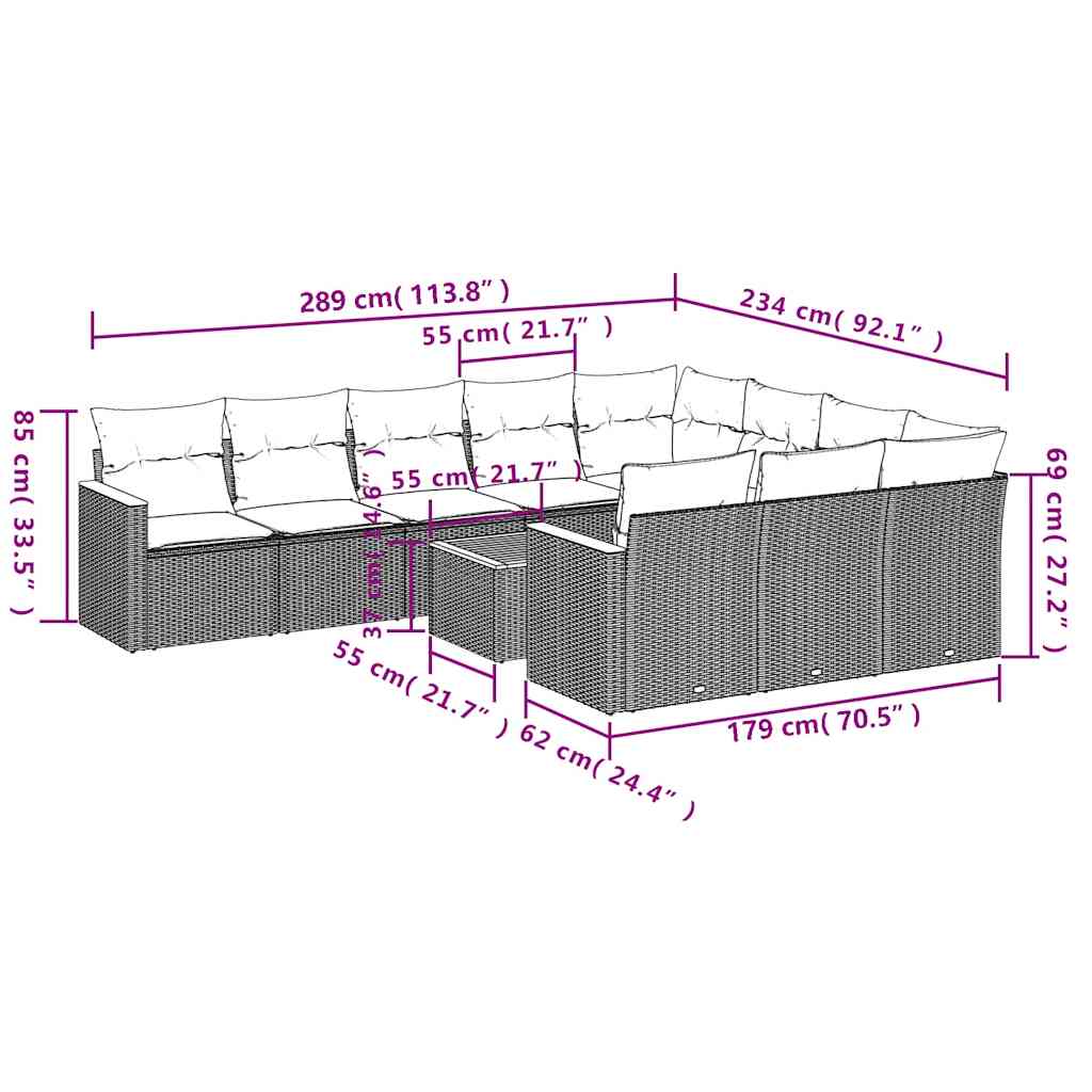 10-teiliges Gartensofa-Set mit Kissen, schwarzes Polyrattan
