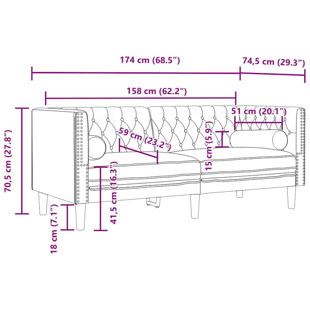 3-tlg. Chesterfield-Sofa-Set mit Nackenrollen Hellgrau Samt