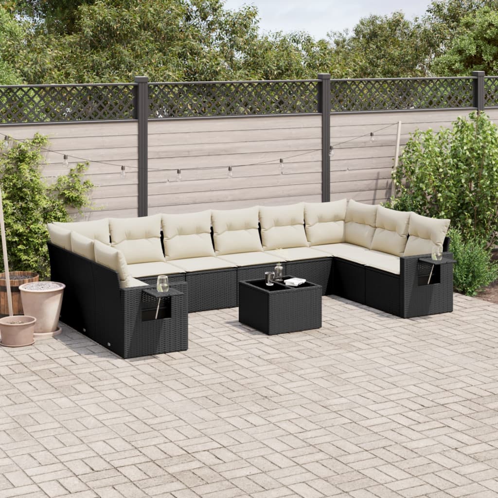 10-tlg. Garten-Sofagarnitur mit Kissen Schwarz Poly Rattan
