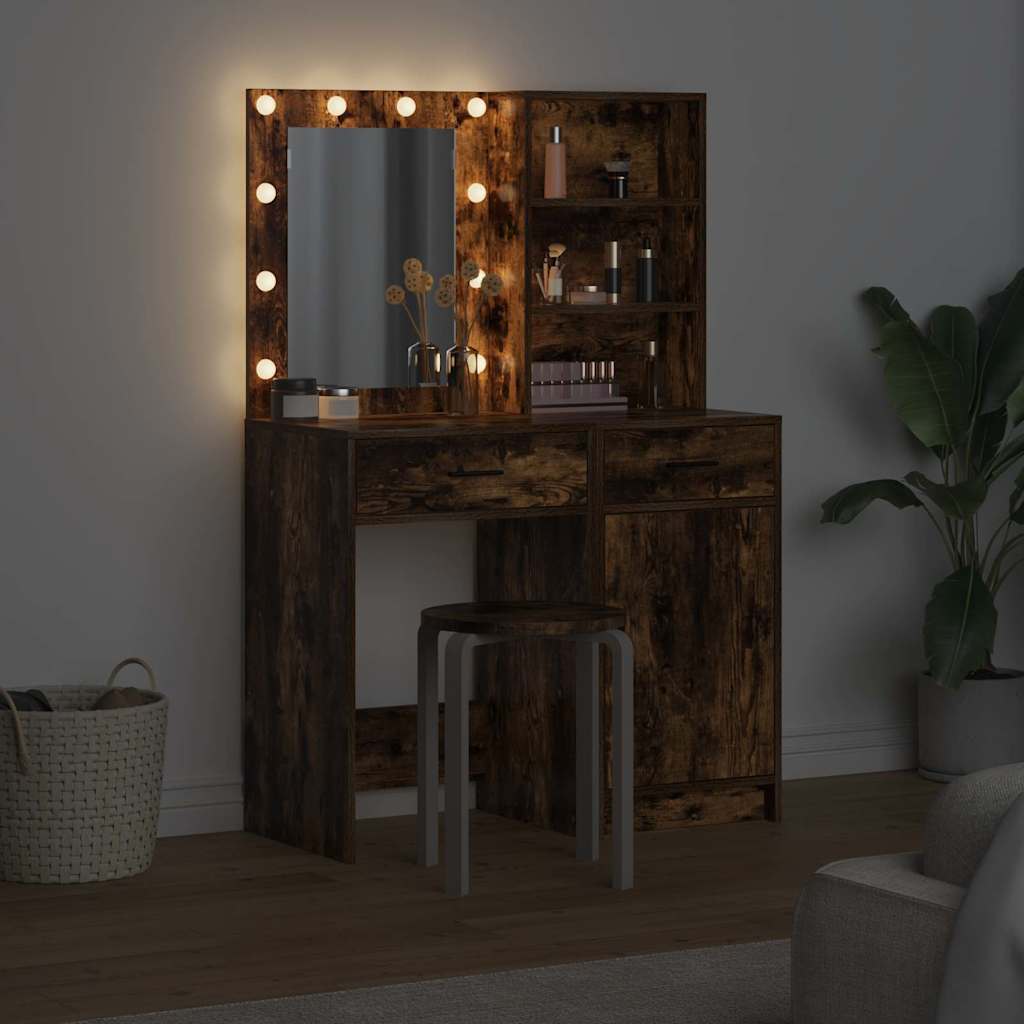 Schminktischset mit LED mit Schubladen 2 pcs Weiß Holzwerkstoff