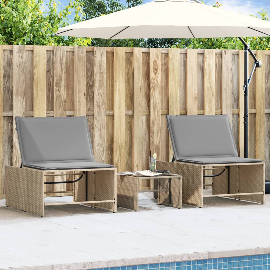 Modulare Sonnenliegen 2 Stk. mit Tisch Schwarz Poly Rattan