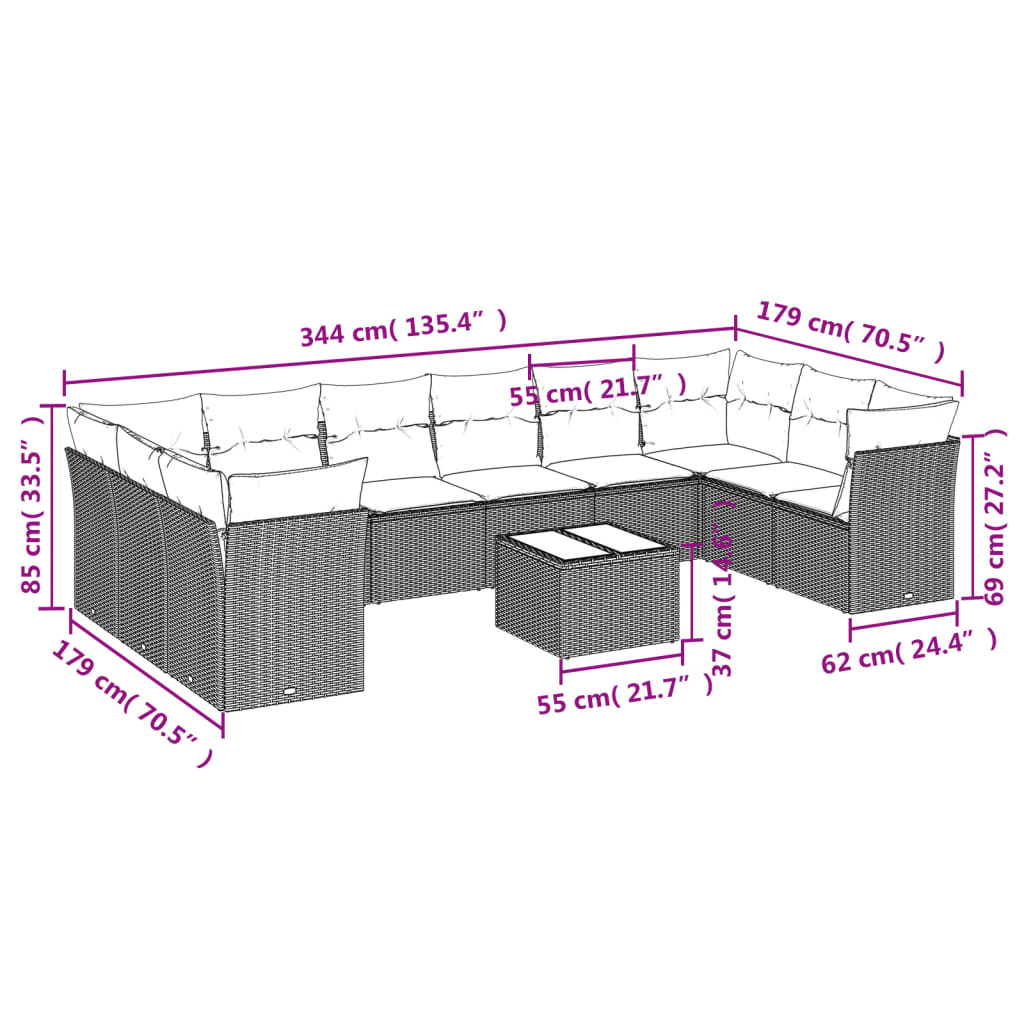 10-tlg. Garten-Sofagarnitur mit Kissen Schwarz Poly Rattan