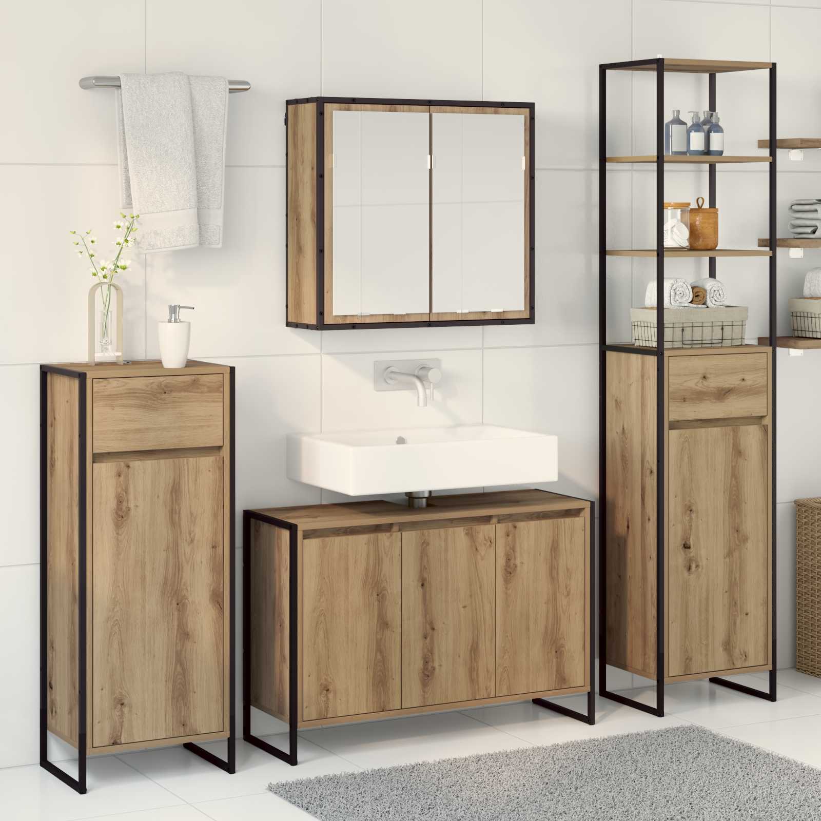 Badezimmermöbel-Set mit Tür Schwarz Eichen-Optik Holzwerkstoff
