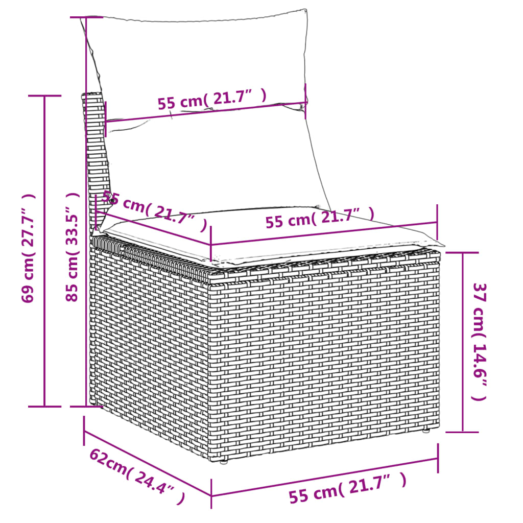 3-teiliges Gartensofa-Set mit Kissen, schwarzes Polyrattan