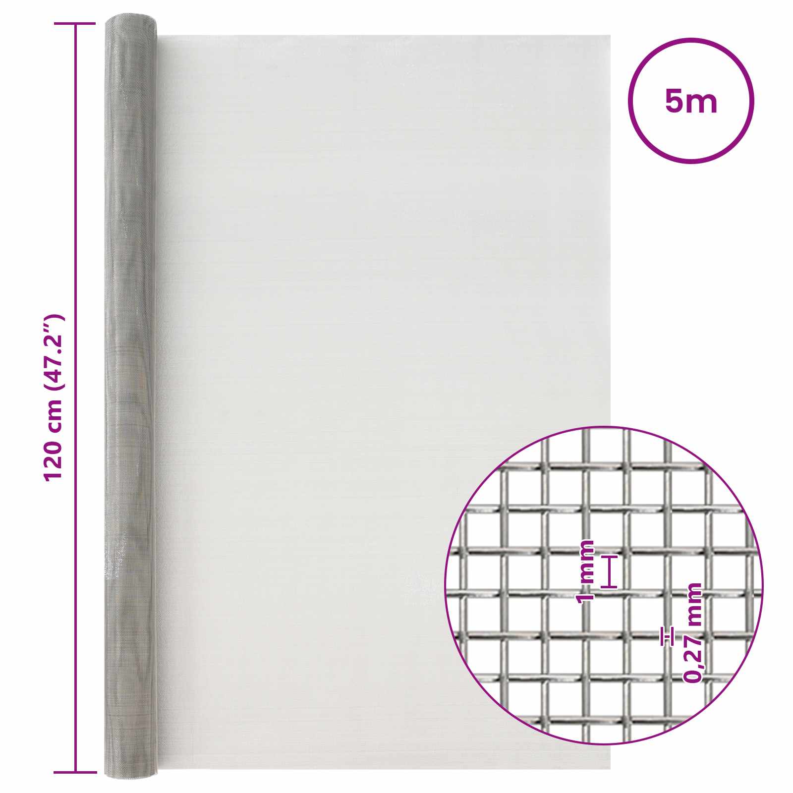 Mesh Bildschirm 20 x 500 cm 20 Mesh Edelstahl 201 Silber
