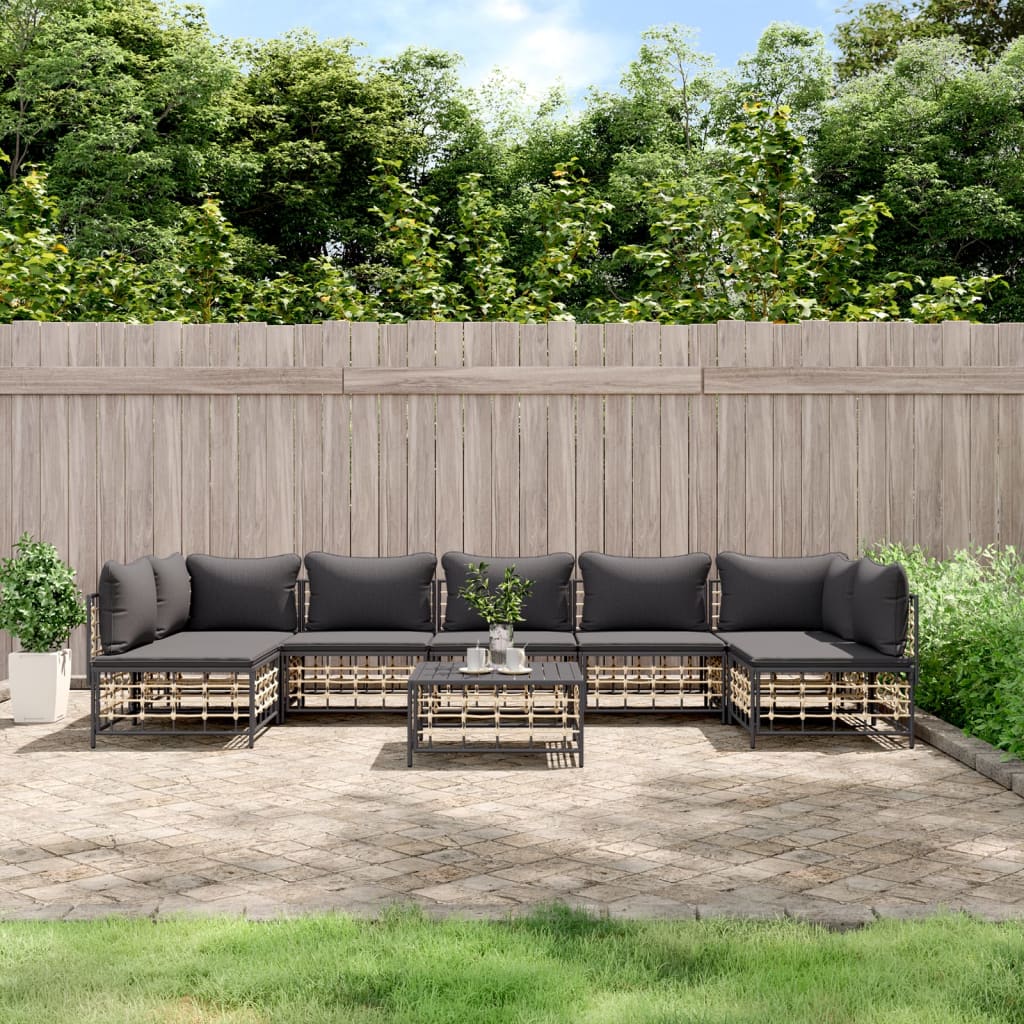 7-tlg. Garten-Lounge-Set mit Kissen Anthrazit Poly Rattan