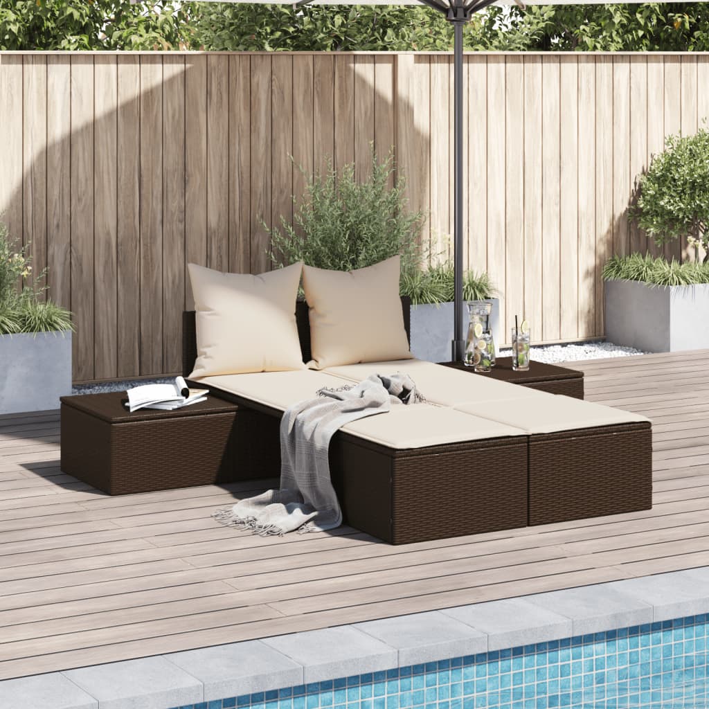 Doppel-Sonnenliege mit Auflagen Beige Poly Rattan