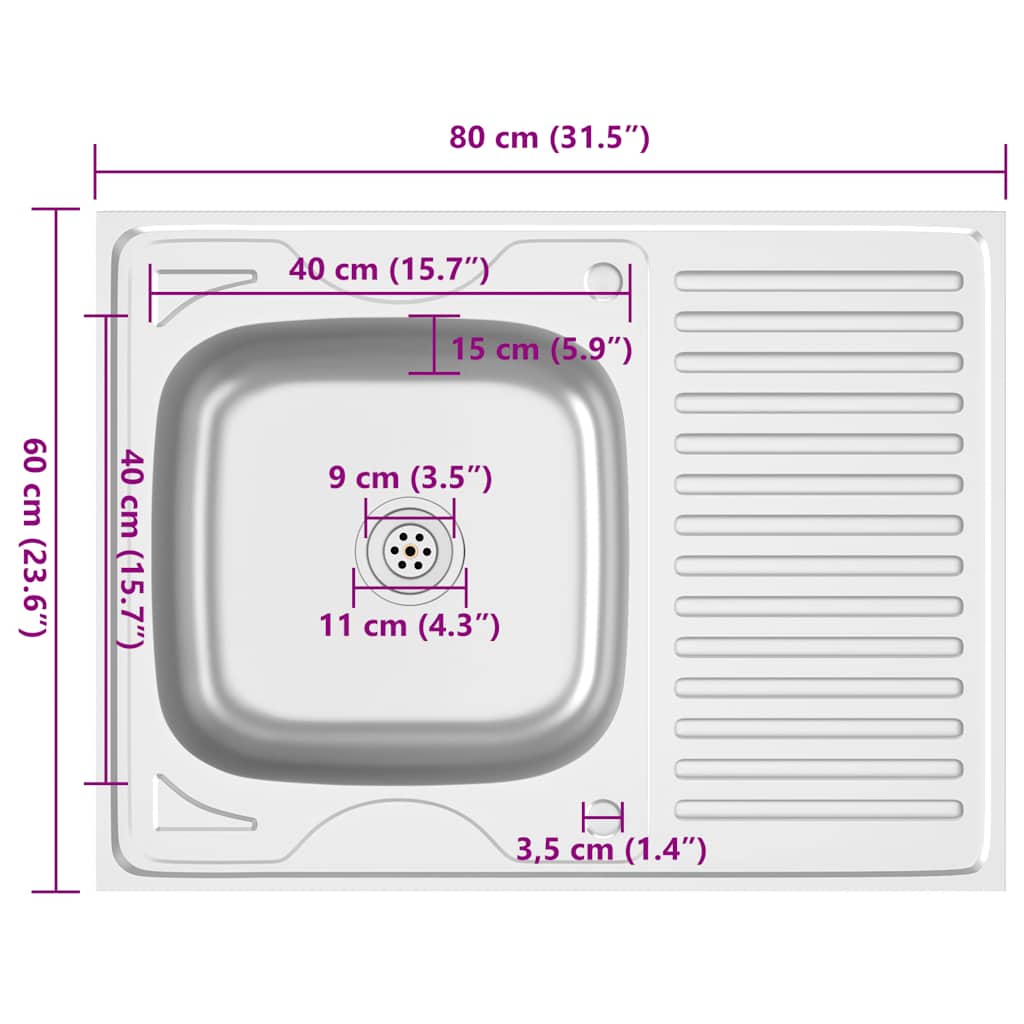 Spüle mit Abtropffläche Set Silbern 800x500x155 mm Edelstahl