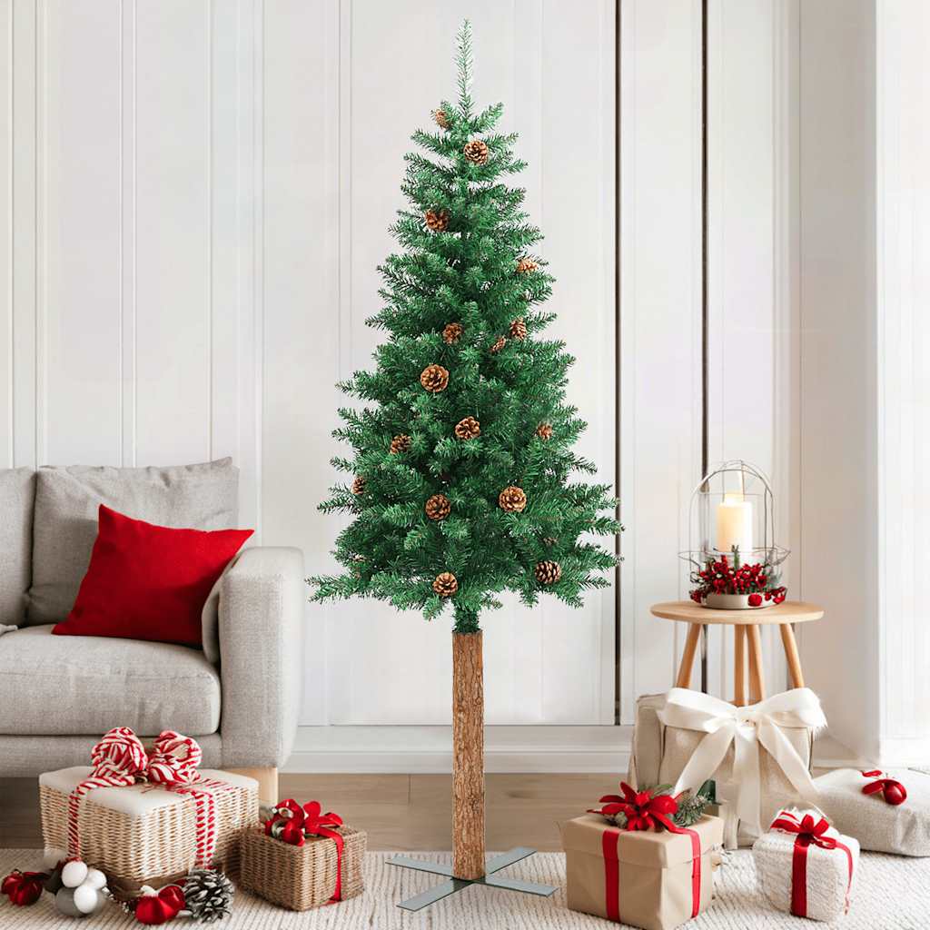 Weihnachtsbaum Schlank mit Echtholz und Zapfen Grün 150 cm PVC