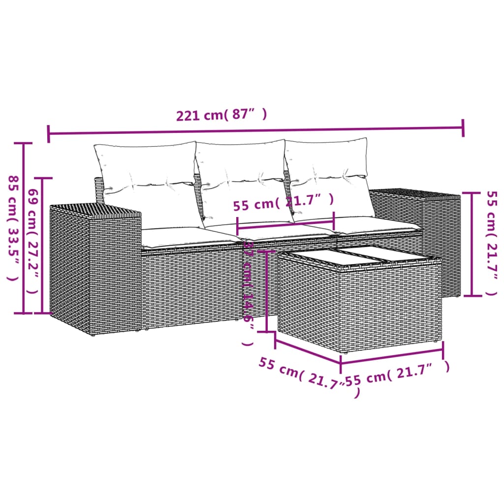 3-teiliges Gartensofa-Set mit Kissen, schwarzes Polyrattan