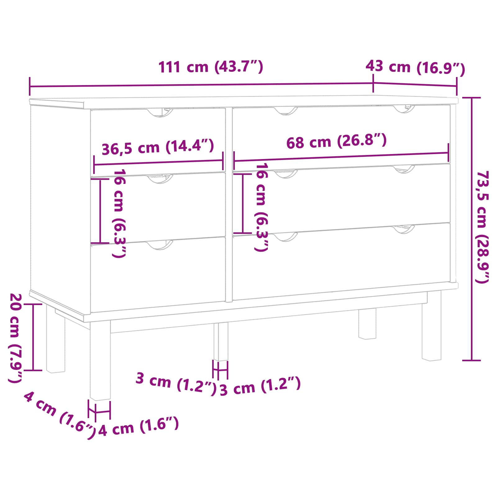 Schubladenschrank OTTA 111x43x73,5 cm Massivholz Kiefer